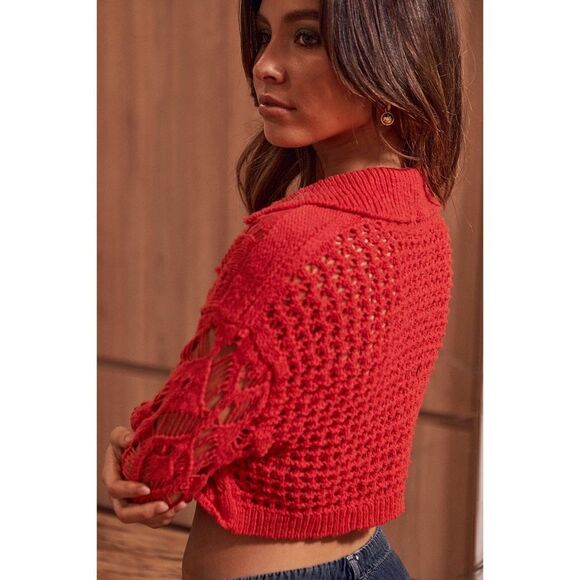 NWT Free People Sedona Open Knit Cropped Cardigan in Guava Berry, Size Small - Picture 4 of 16